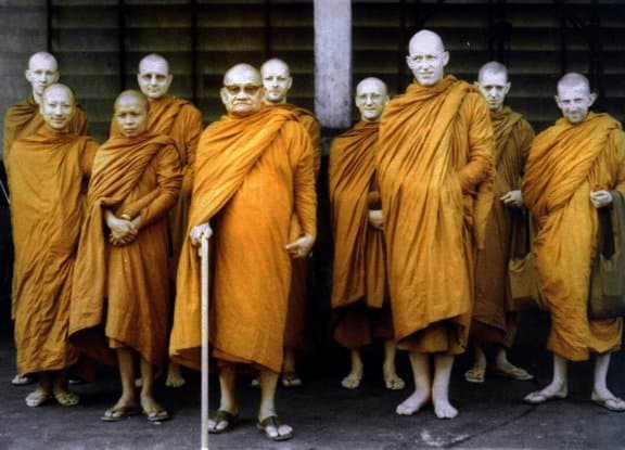 Ajahn Chah (center, with cane) with his resident Western Sangha at Wat Pah Pong, circa 1980