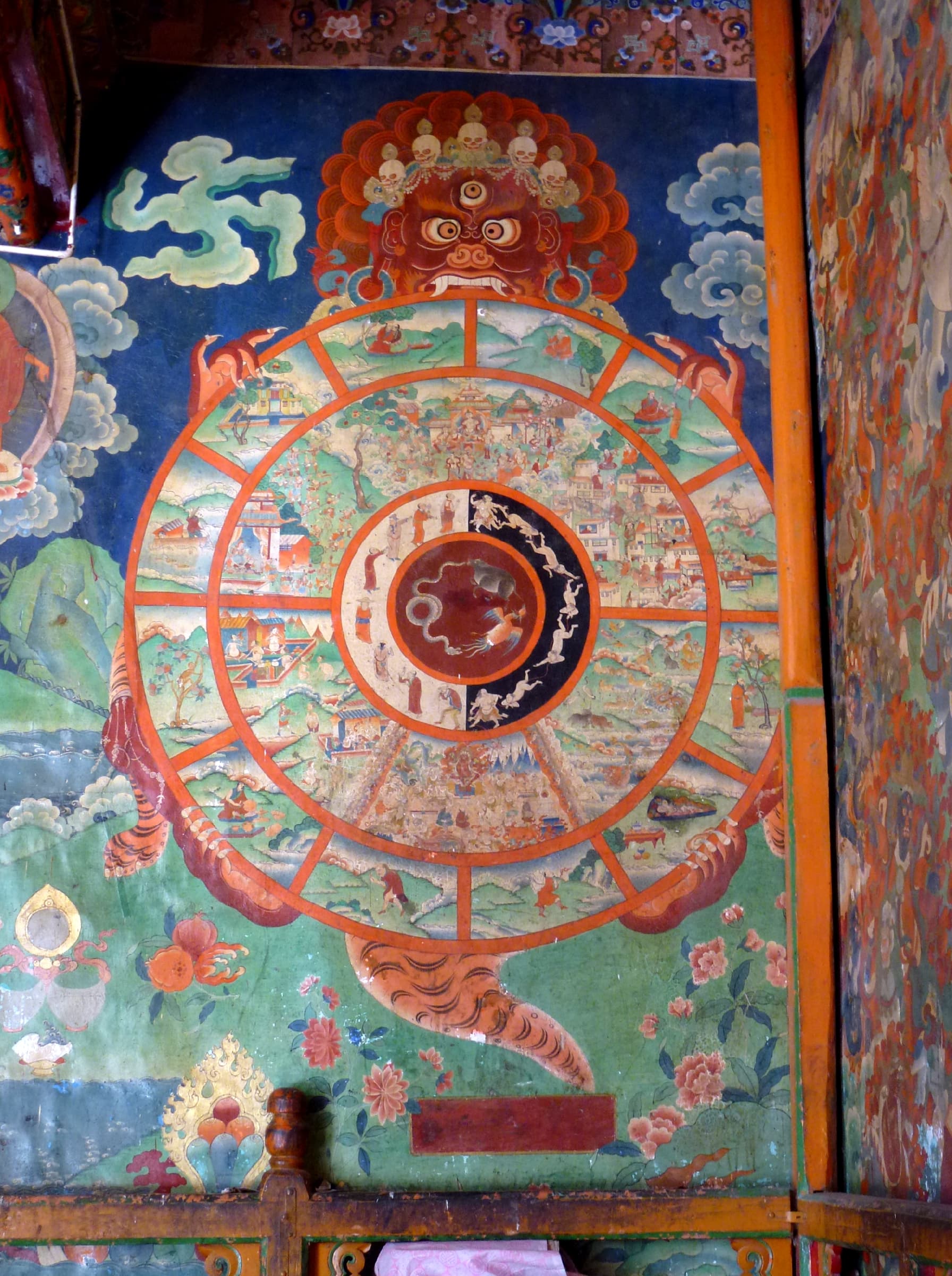 A Bhavacakra (Wheel of Life) mural held in the jaws and claws of Yama, painted on a monastery wall