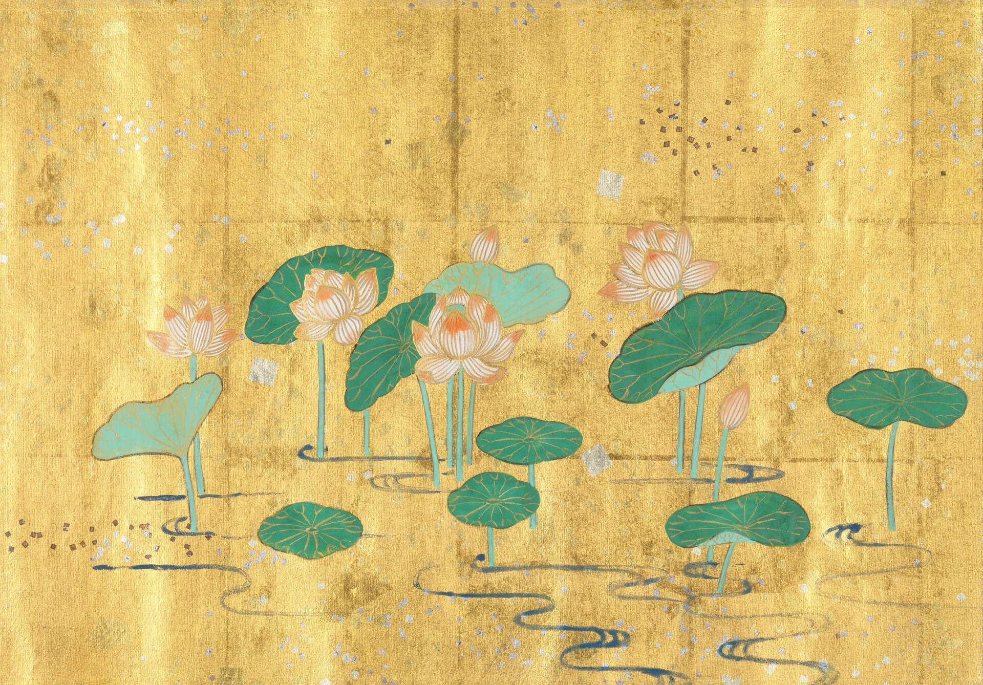 Gold-ground Japanese painting of lotus flowers illustrating the Lotus Sutra