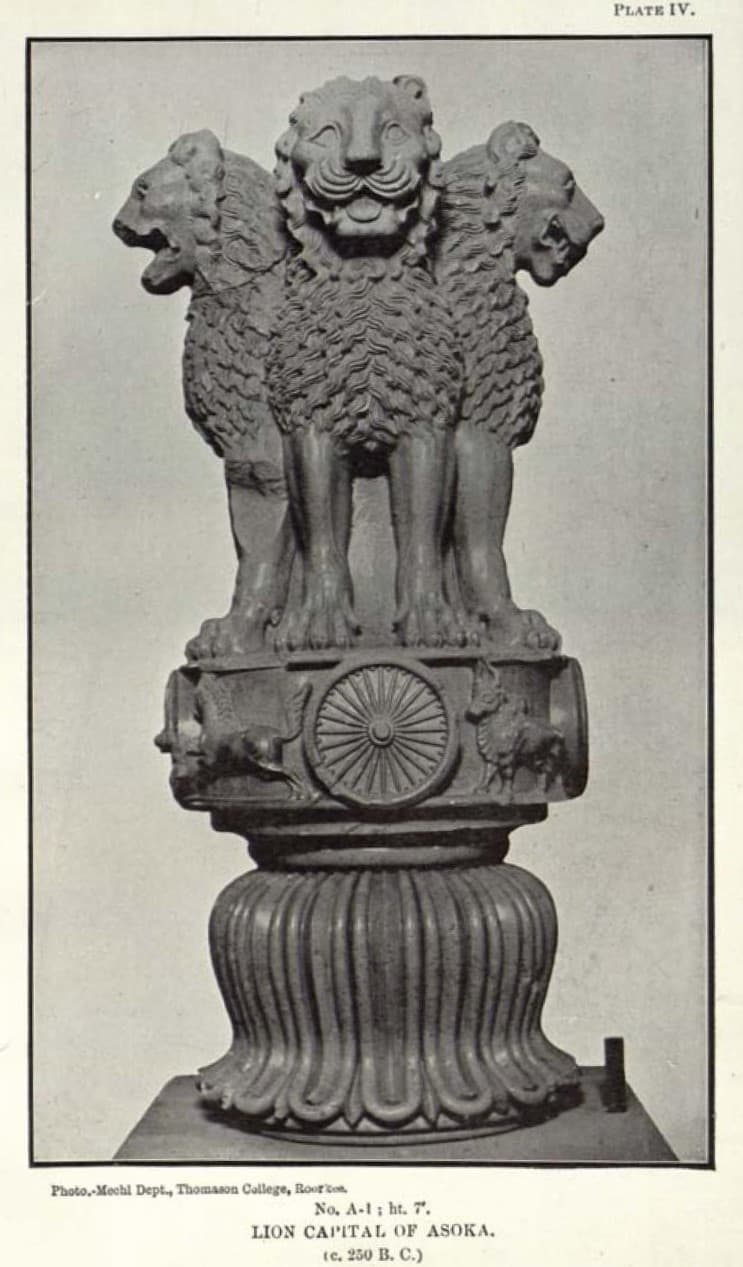 Archival 1911 museum plate photograph of the Lion Capital of Ashoka from Sarnath, showing the dharma wheel carved on its abacus