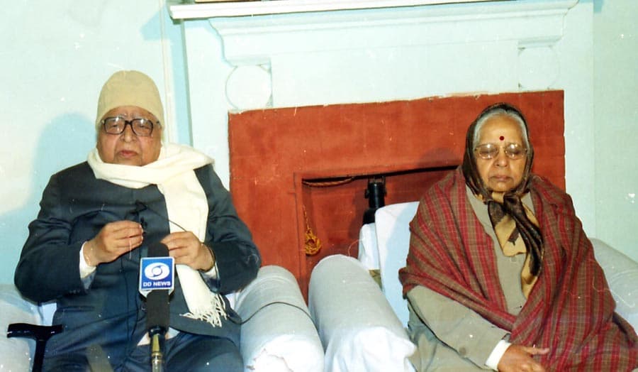 S. N. Goenka, Burmese-Indian vipassana teacher, being interviewed with his wife alongside him