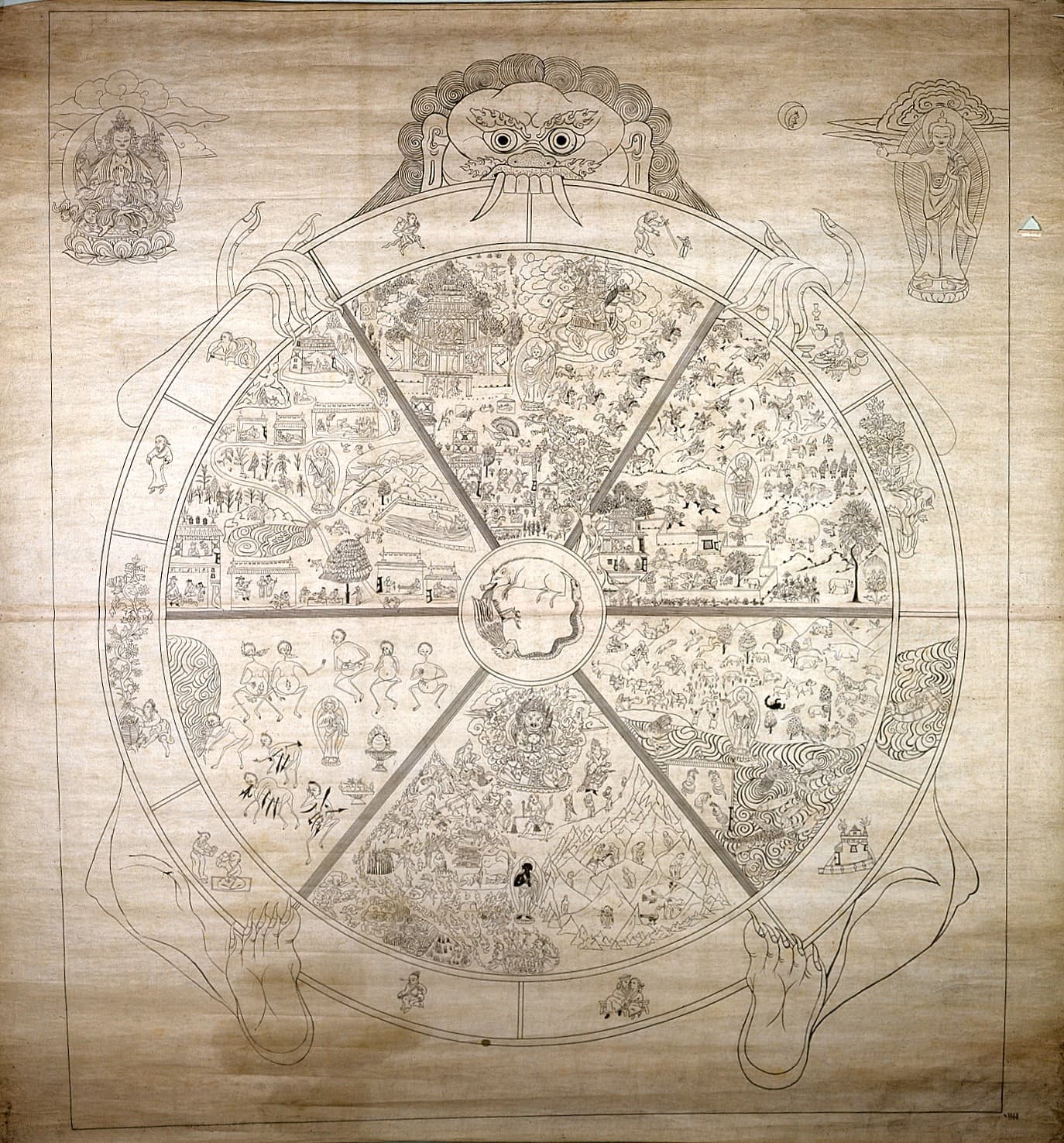 Antique ink drawing of the Bhavacakra — the Wheel of Life — held by Yama, Lord of Death, from the Wellcome Collection