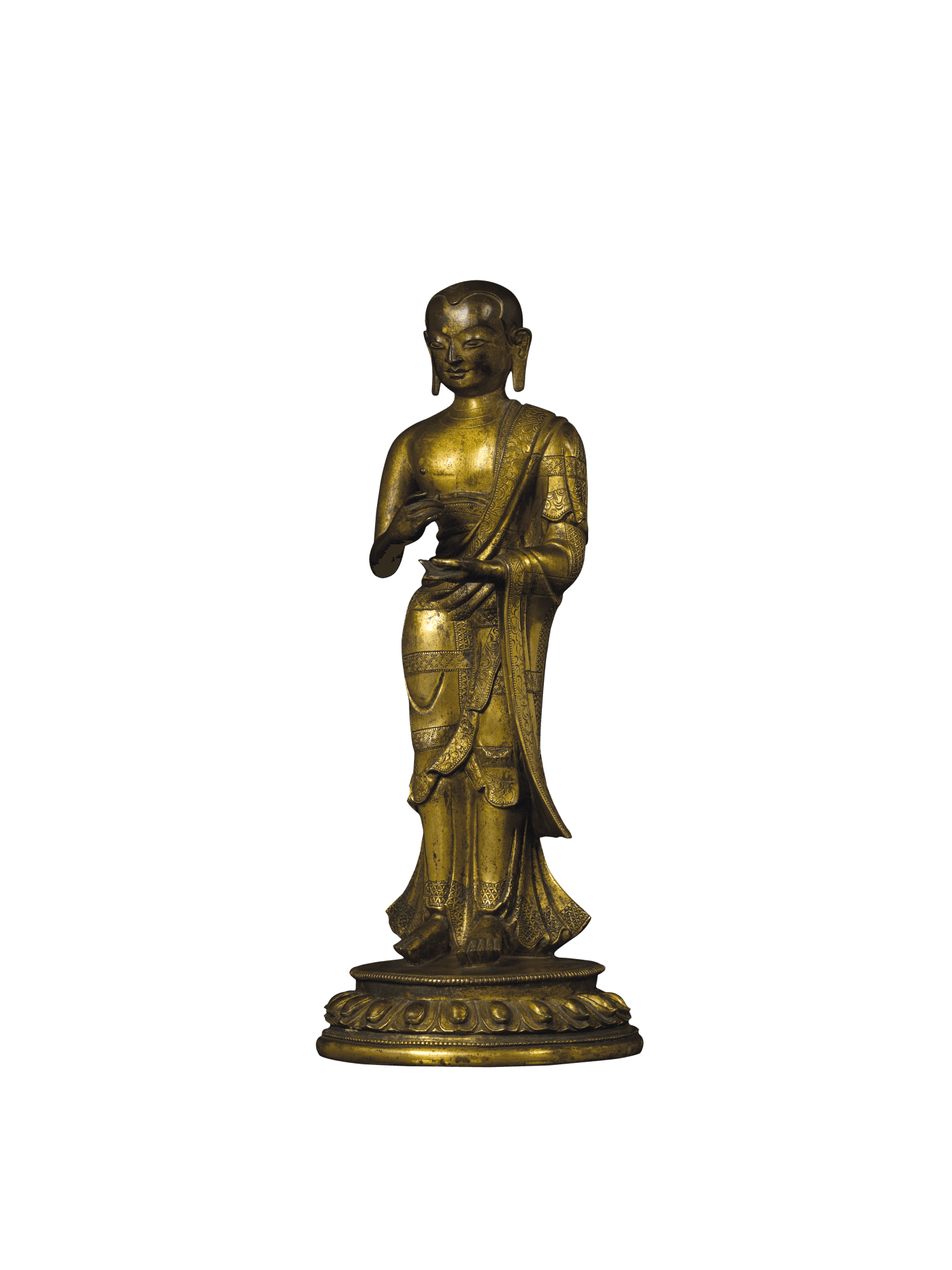 Gilt bronze standing sculpture of the arhat Sariputta in monastic robes, one hand raised in a teaching gesture