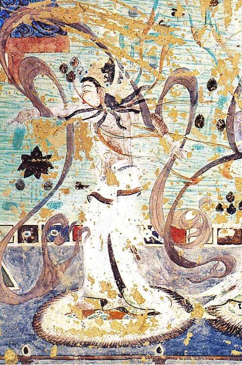 A Buddhist mural of a celestial dancer from the Mogao Caves at Dunhuang, on the Silk Road