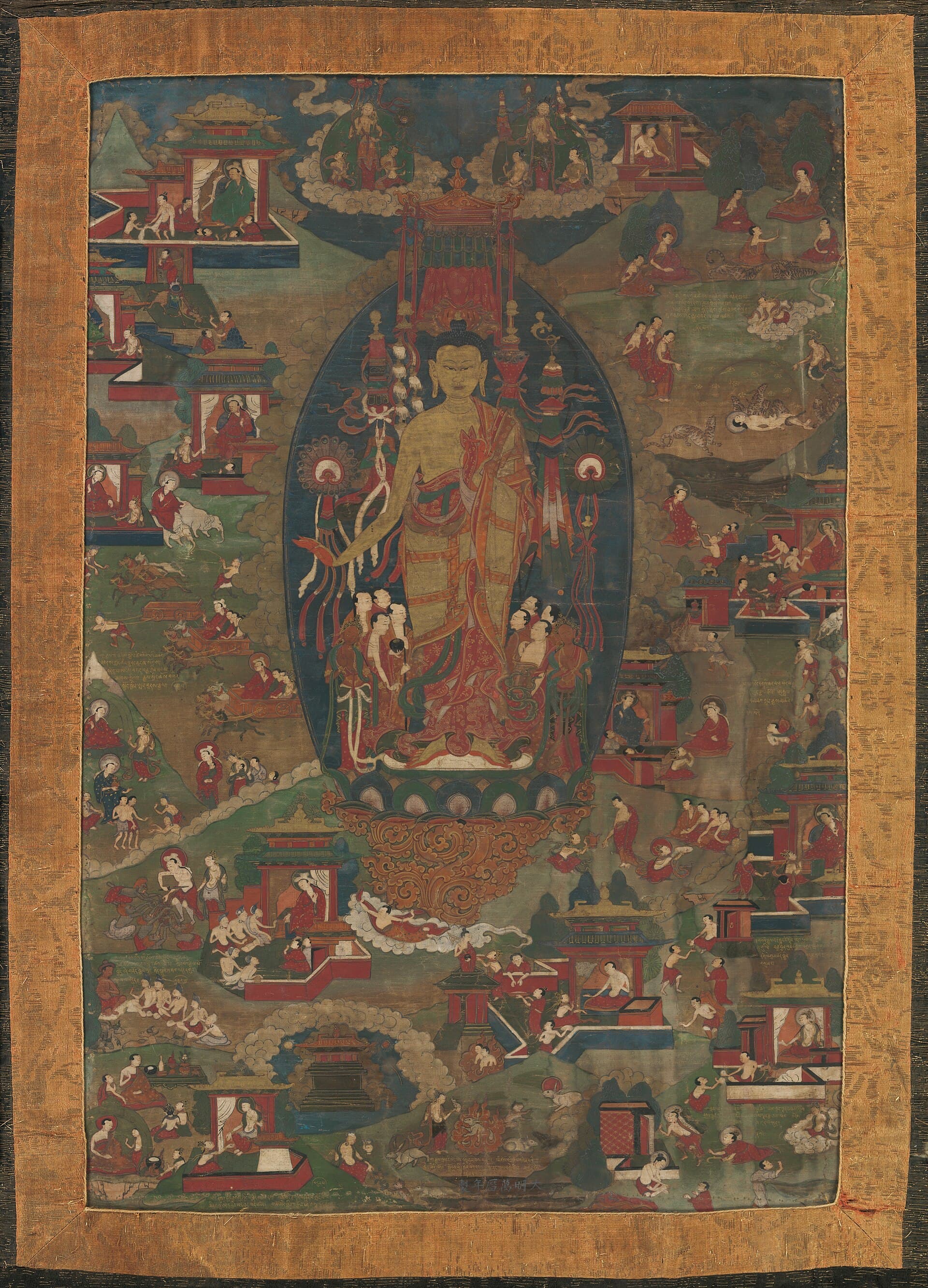 Tibetan thangka of Buddha Shakyamuni surrounded by scenes of his previous lives (Jataka Tales), Metropolitan Museum of Art