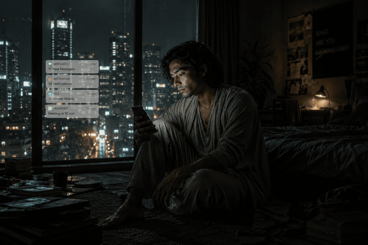 A man sits on the floor of a dark apartment, lit only by his phone and a wall of notifications, a city glittering behind him