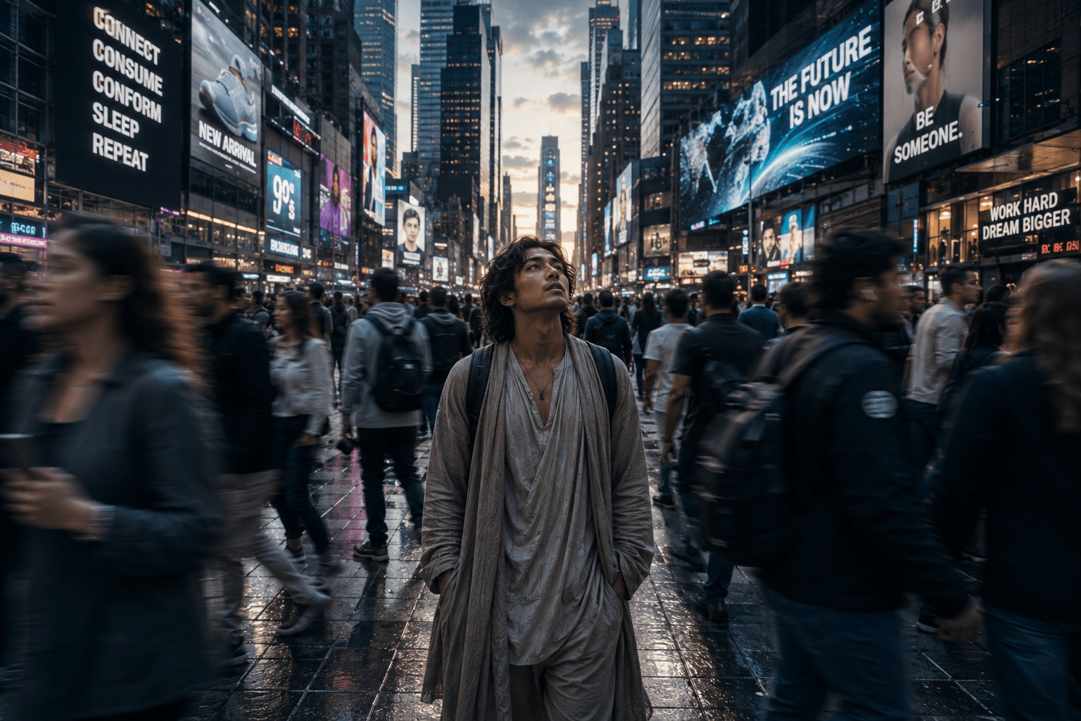 A man in plain robes stands still amid a crowd in a neon-lit city square, billboards reading CONNECT CONSUME CONFORM SLEEP REPEAT
