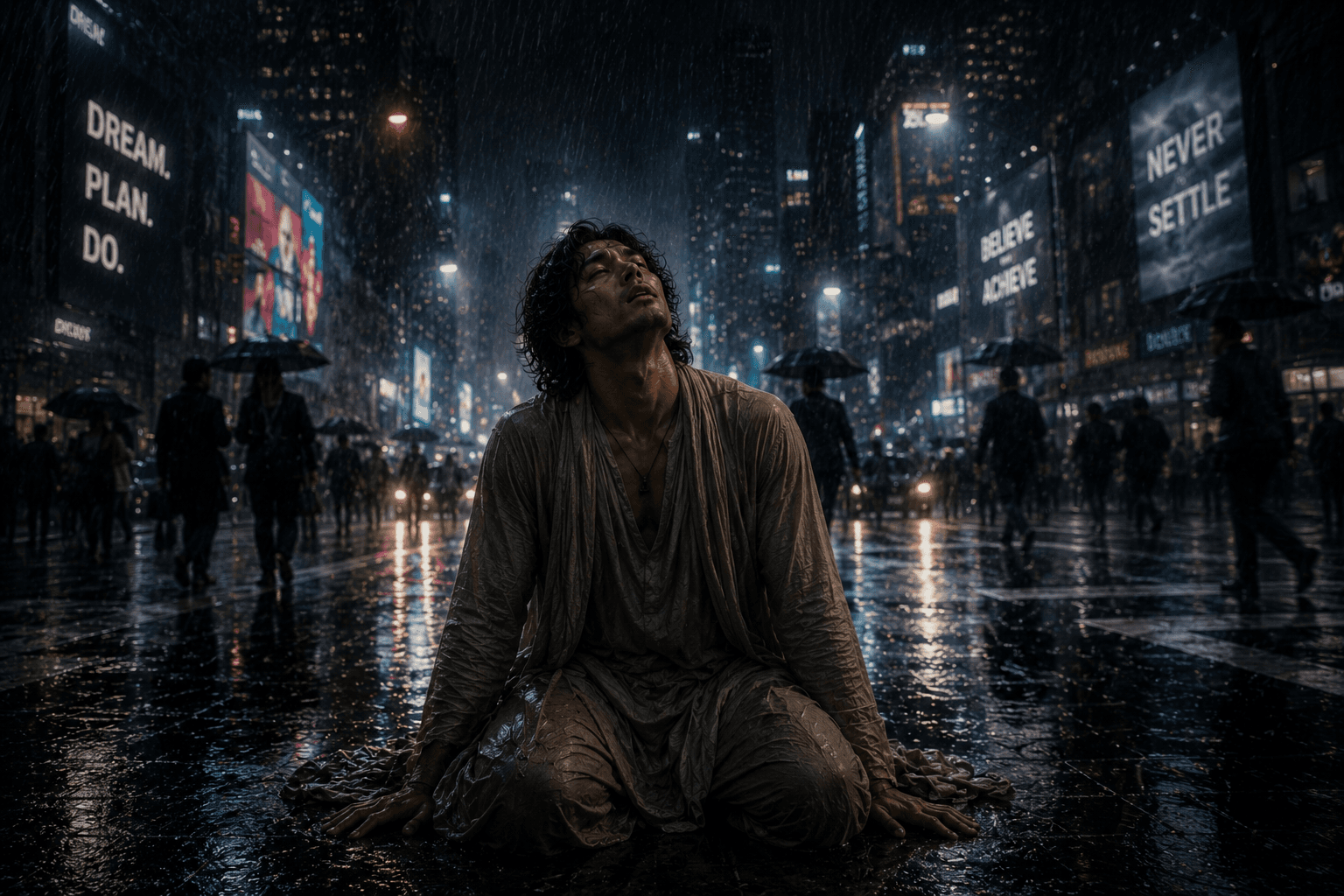 A man kneels in the rain in an empty city street at night, surrounded by billboards reading NEVER SETTLE and BELIEVE ACHIEVE