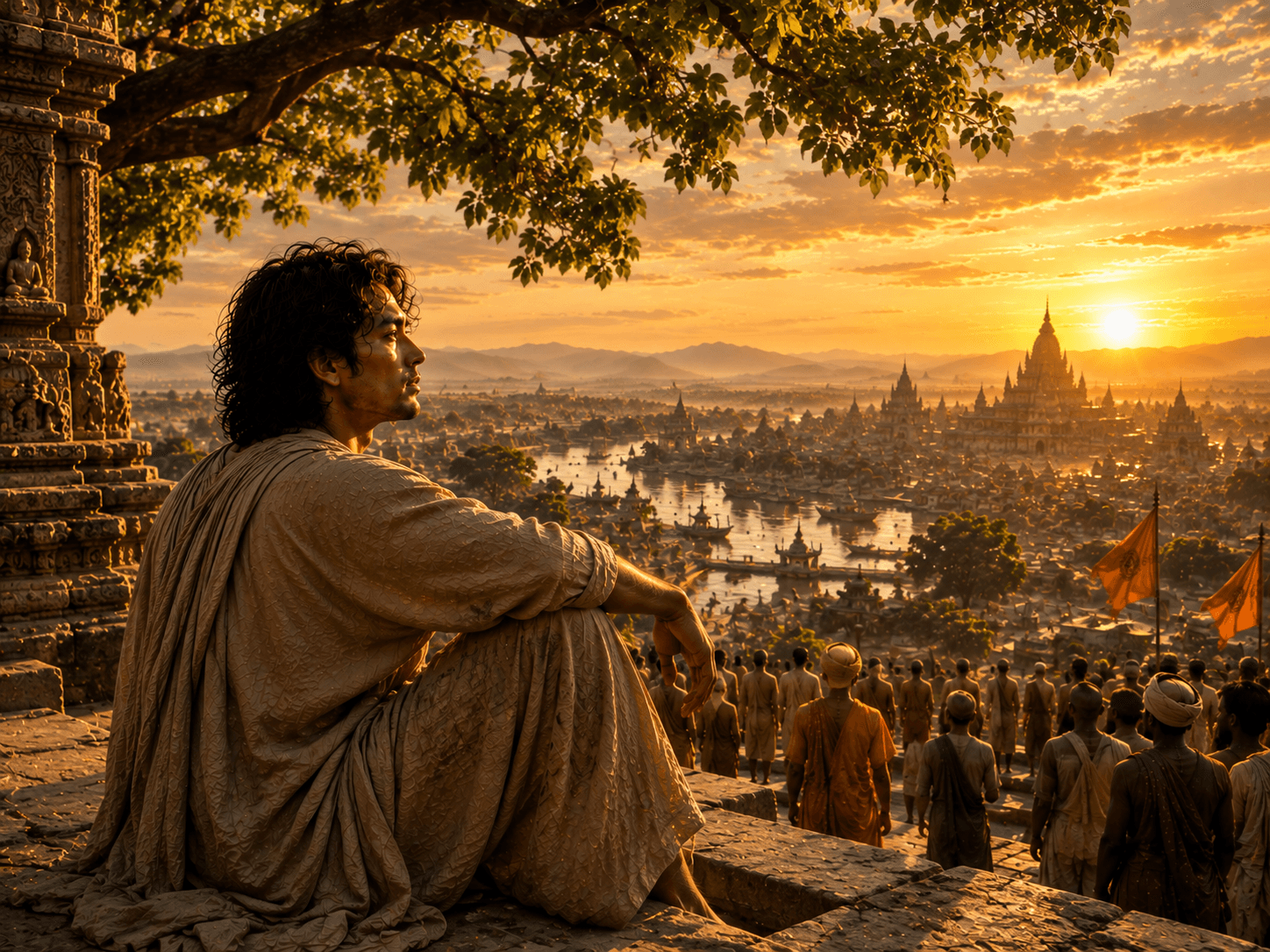 Three views of a man on a hillside at dawn, looking down at a sacred city he has already decided to leave