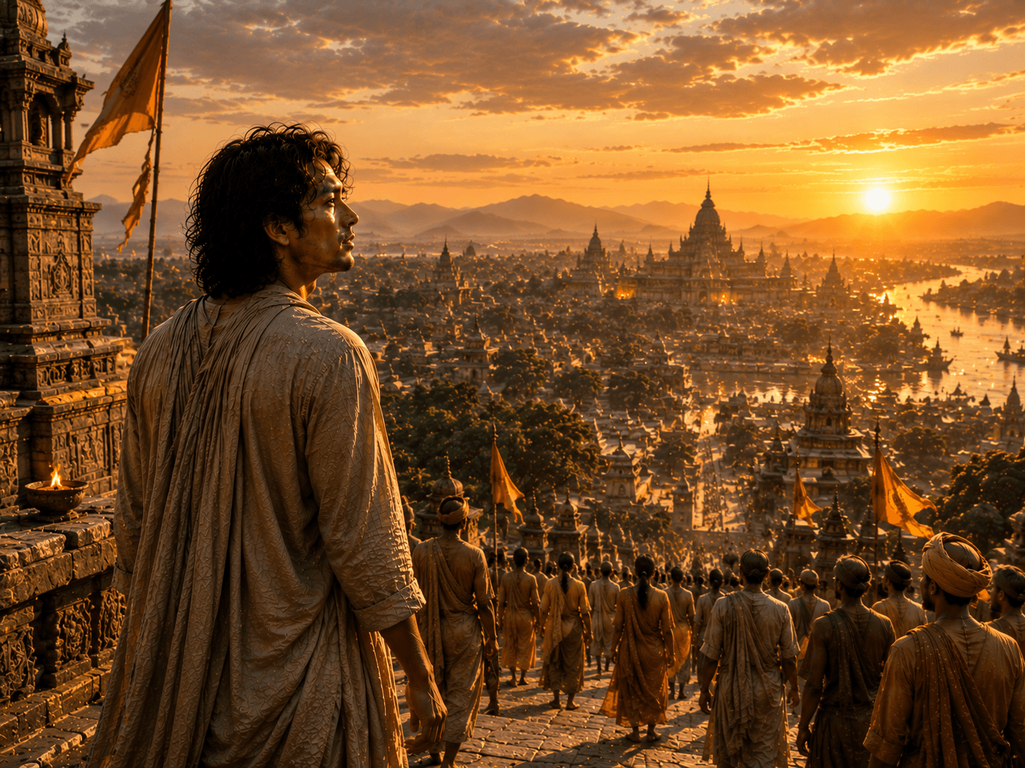 Three views of a man on a hillside at dawn, looking down at a sacred city he has already decided to leave