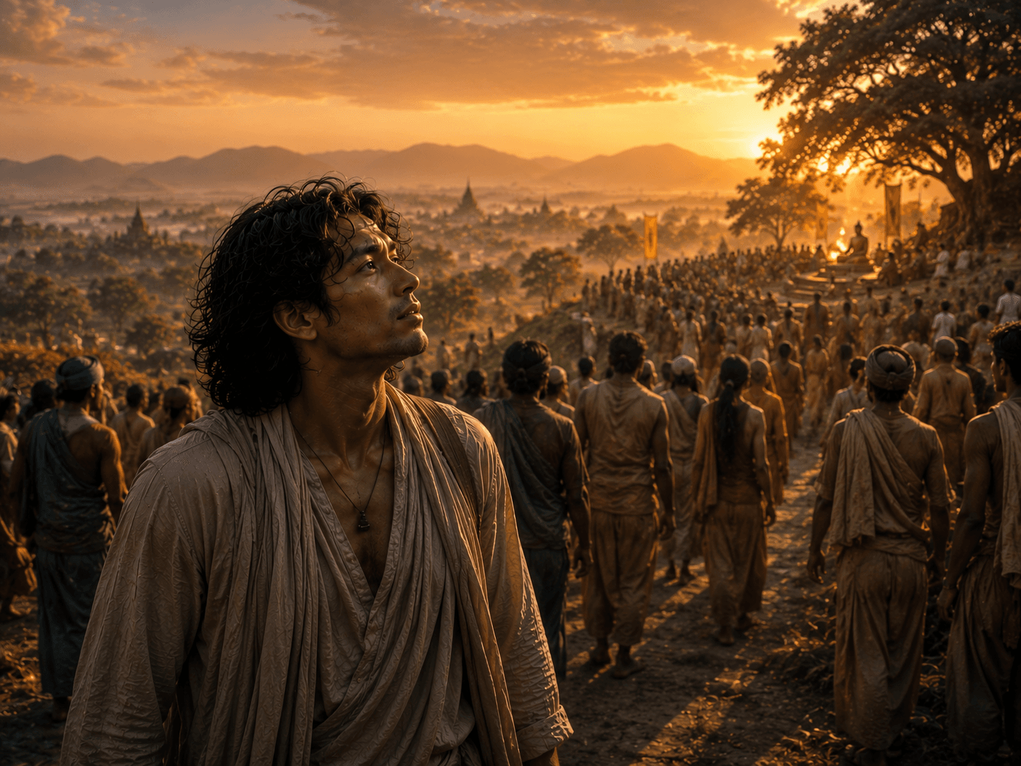 Three views of a man on a hillside at dawn, looking down at a sacred city he has already decided to leave