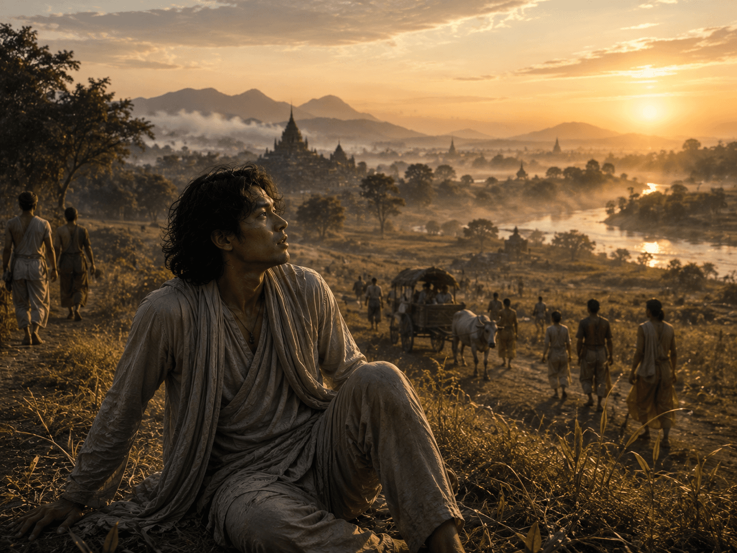 A man sits on a hillside above a river valley at sunrise, an ox cart and a line of travellers on the road below