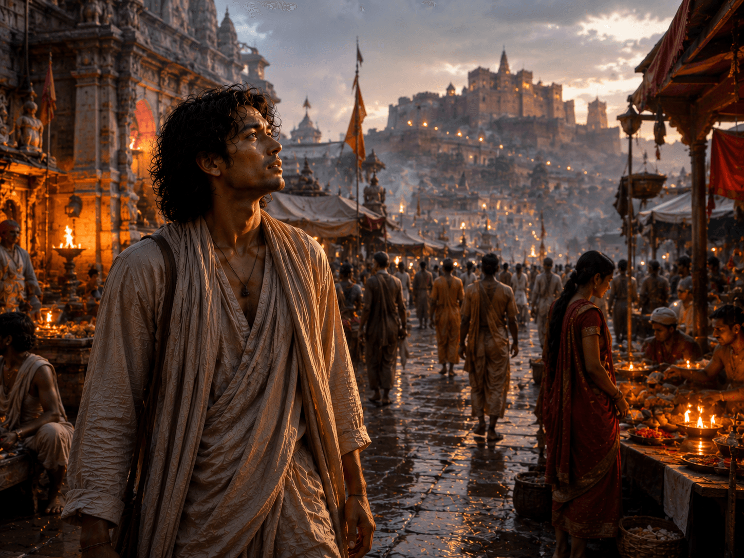 A man walks through a lamplit ancient marketplace at dusk, a hilltop palace glowing in the distance