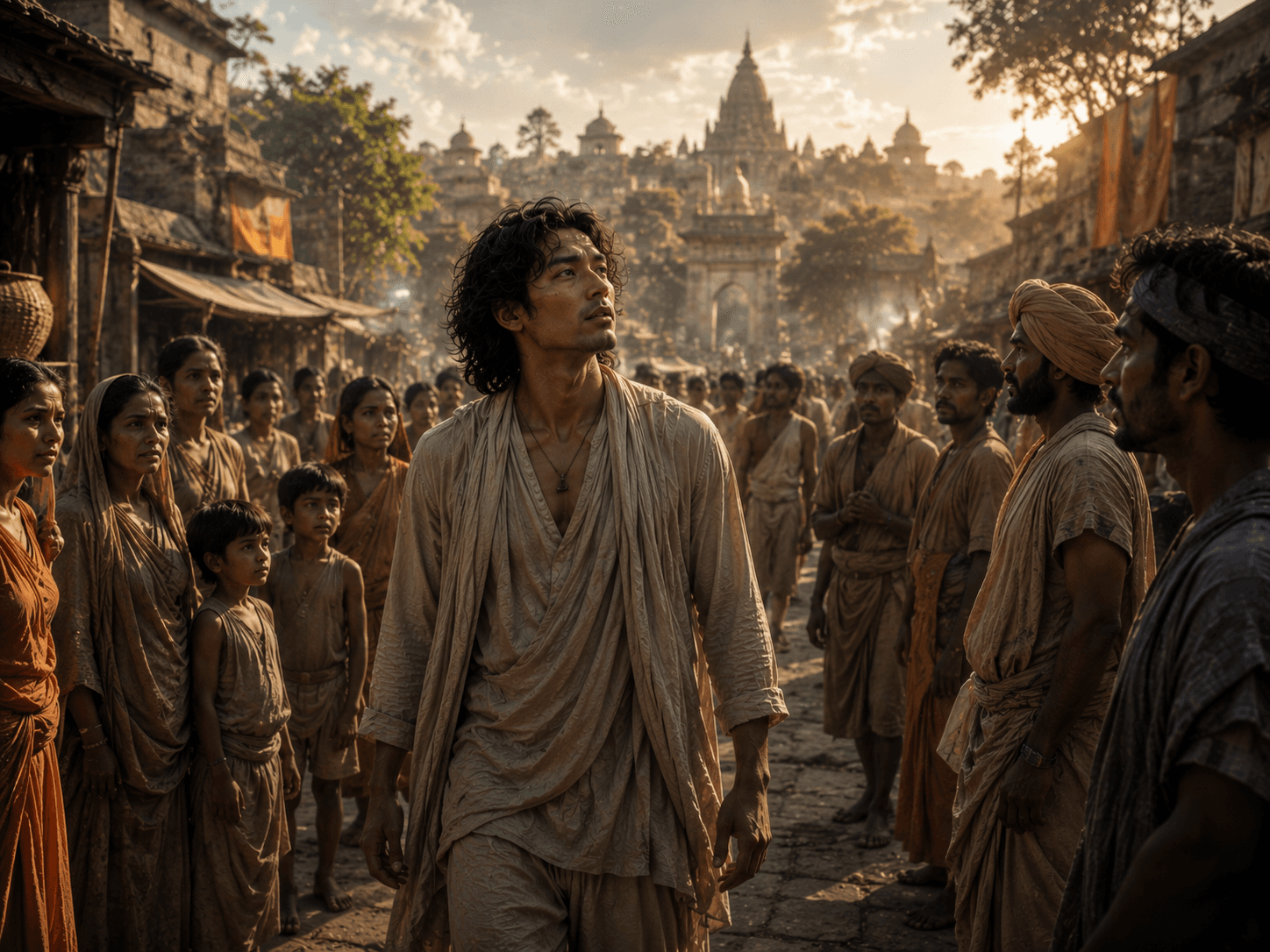 A man walks through a village crowd who turn to watch him, a temple gate visible down the road behind him