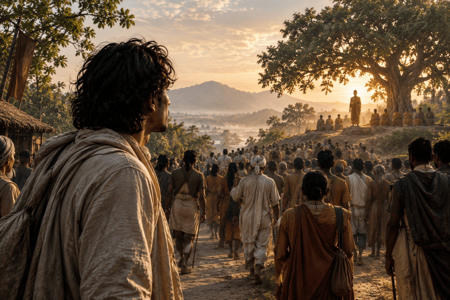 A man stands at the edge of a large crowd gathered on a hillside around a distant seated figure beneath a great tree