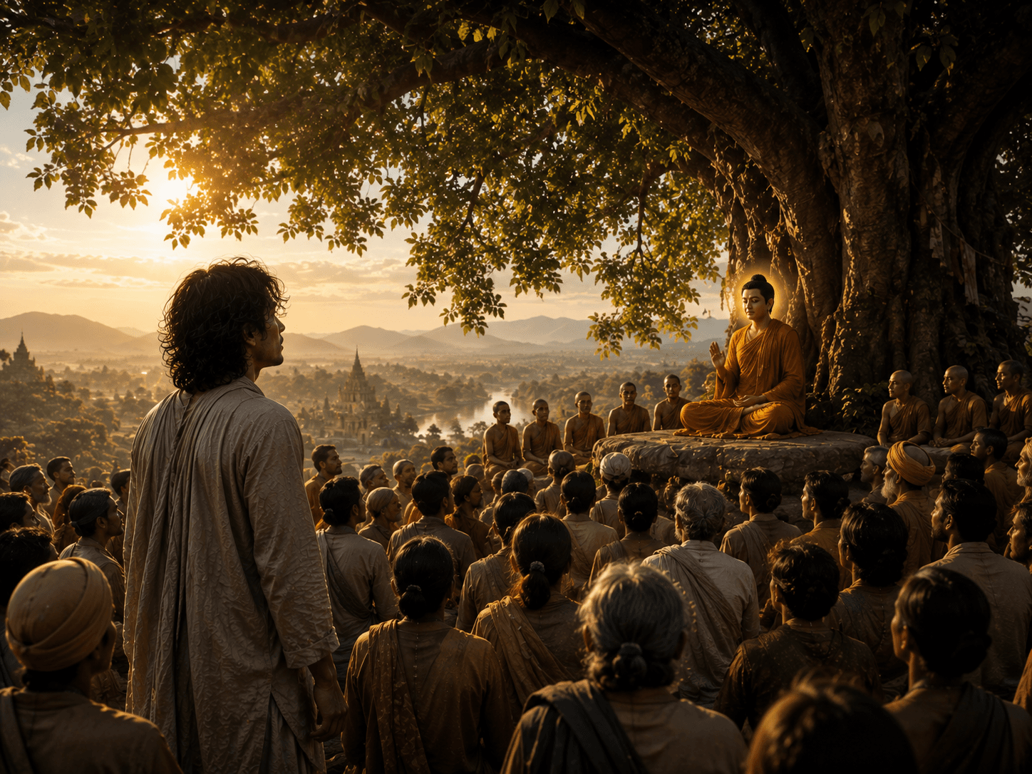 A man watches from among a seated crowd as a robed teacher, haloed in light, sits beneath a great tree above a river city