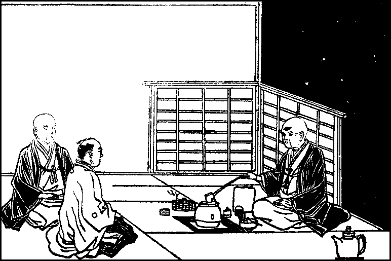 Line drawing of monks at a tea ceremony
