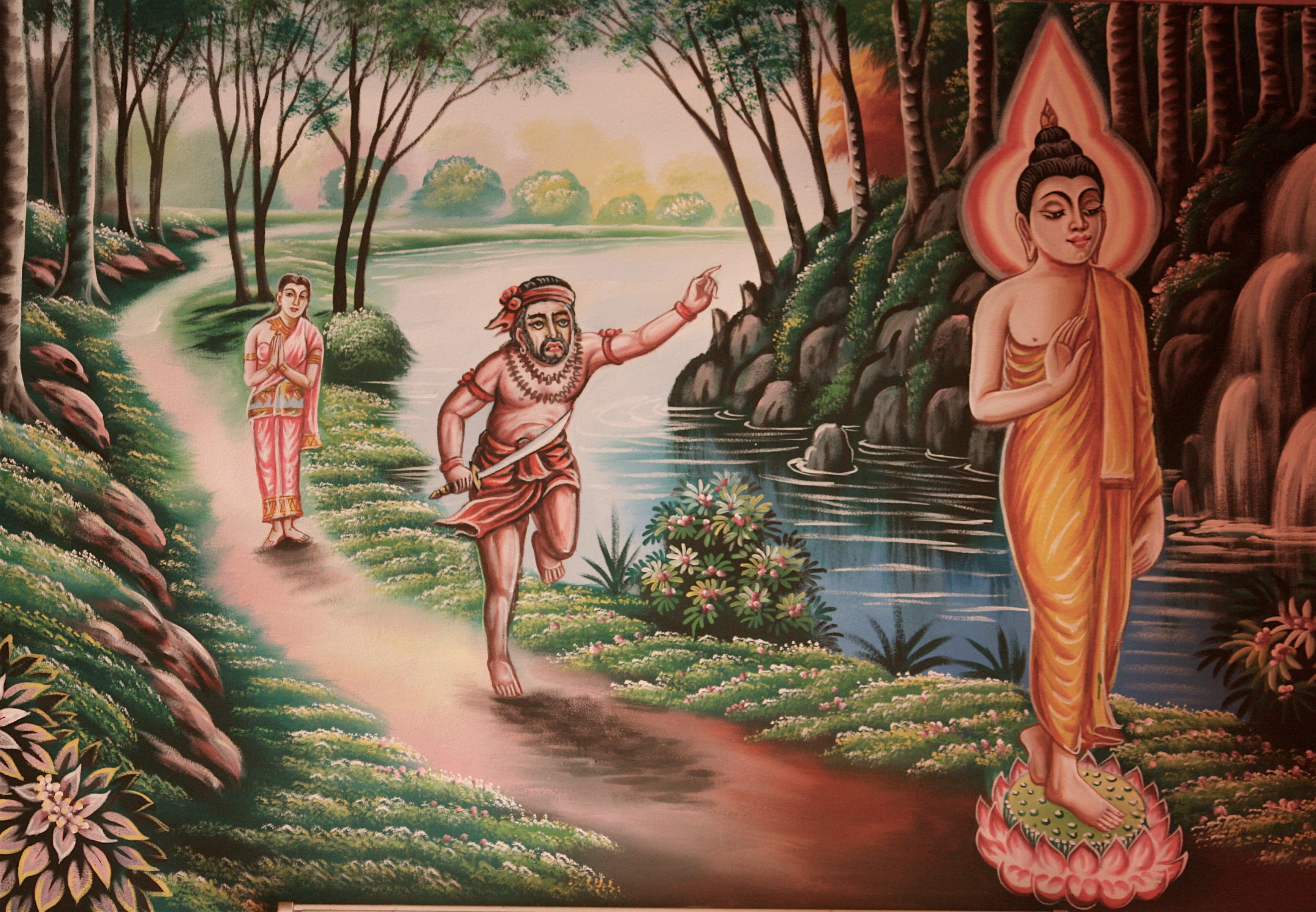Mural painting of the bandit Angulimala running with a raised sword, chasing after the calmly walking Buddha, with a frightened woman looking on