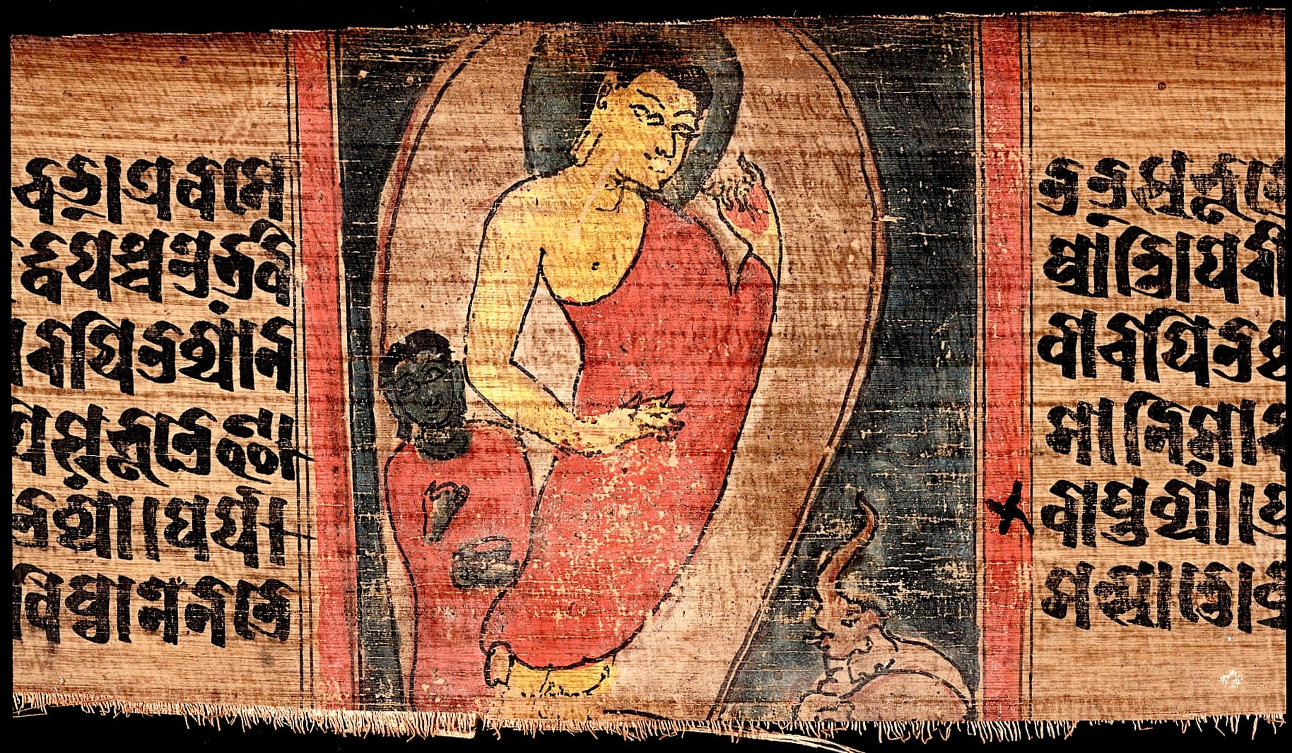 Antique manuscript painting of the Buddha calming the ferocious elephant Nalagiri through loving-kindness, from the Wellcome Collection