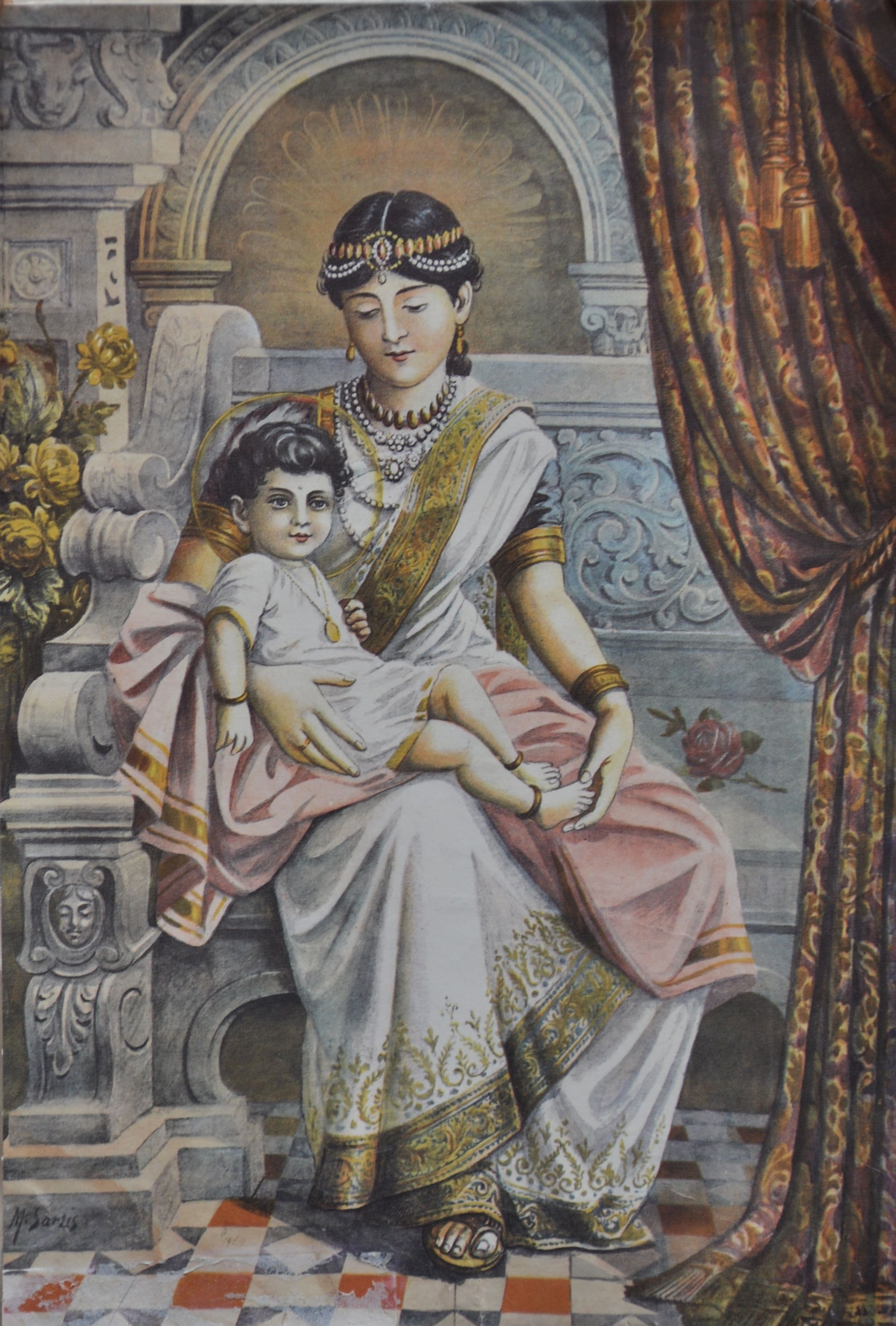 Painting by Maligawage Sarlis of Queen Mahaprajapati Gotami seated on a throne, holding the infant Siddhartha on her lap
