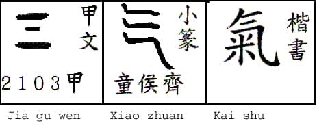 The character for qi (氣) shown across oracle bone, seal, and regular script forms